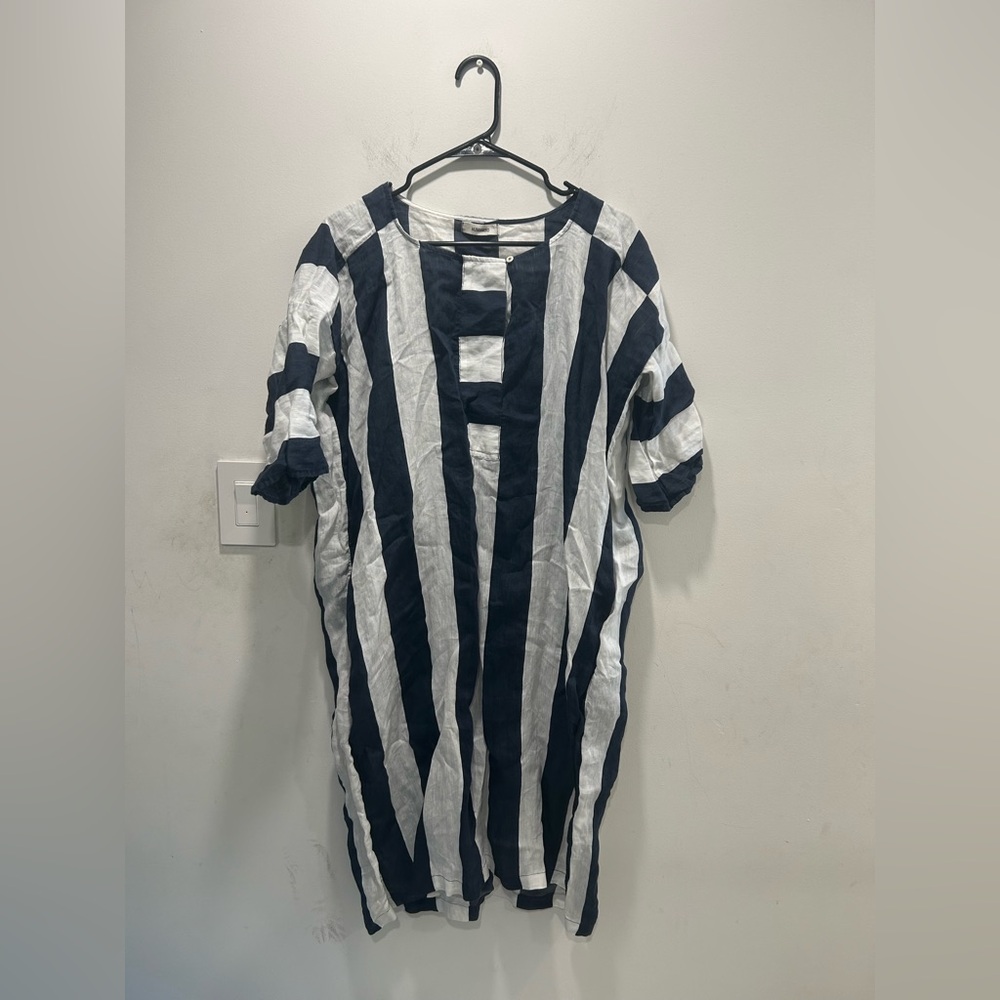 HUMANOID Tunic Dress S/M Vertical Stripe White Navy Langenlook Capsule Pocket
